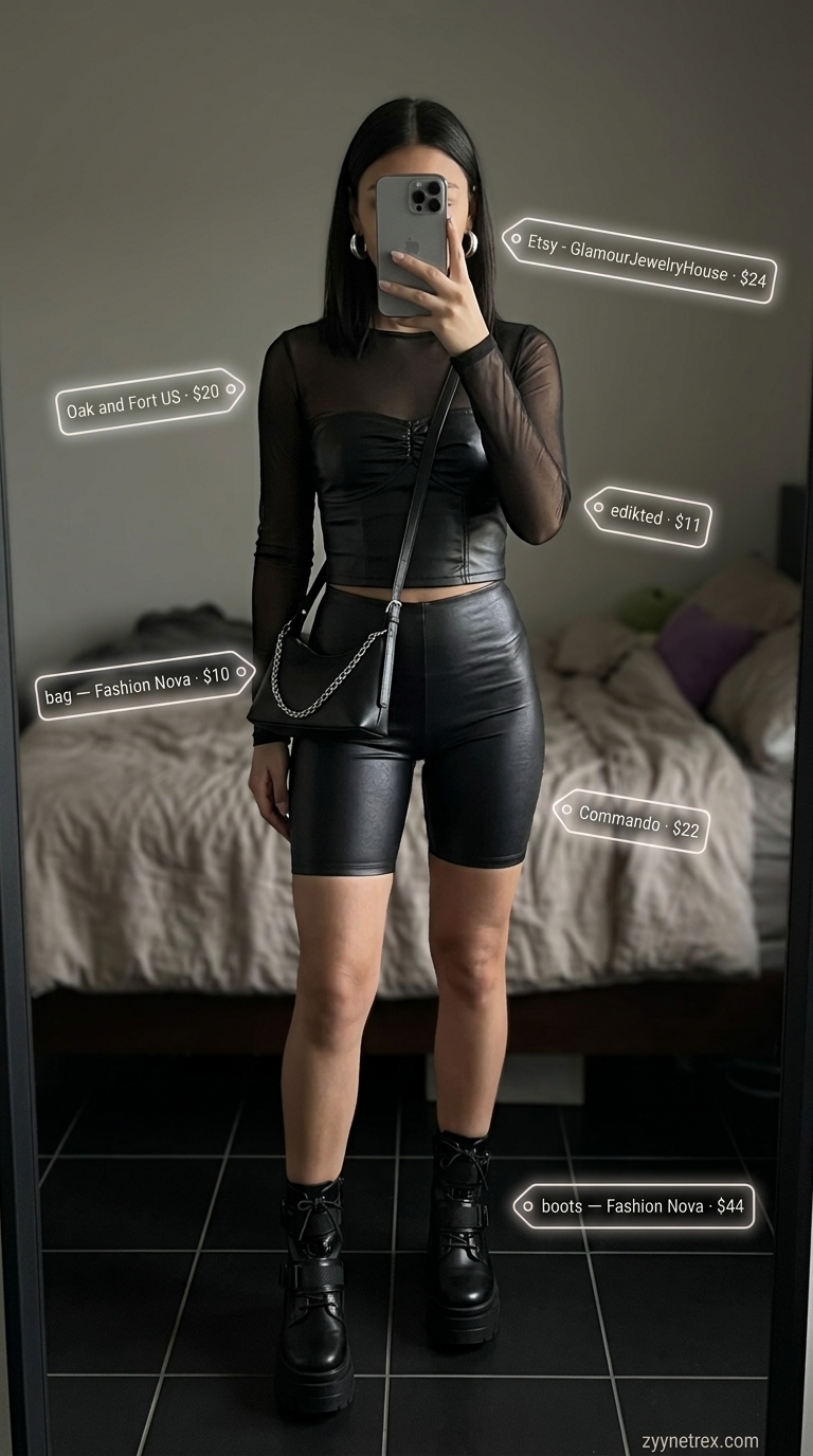 Cute biker shorts outfit for women summer 2026: Black biker shorts, mesh top, combat boots for edgy night out.