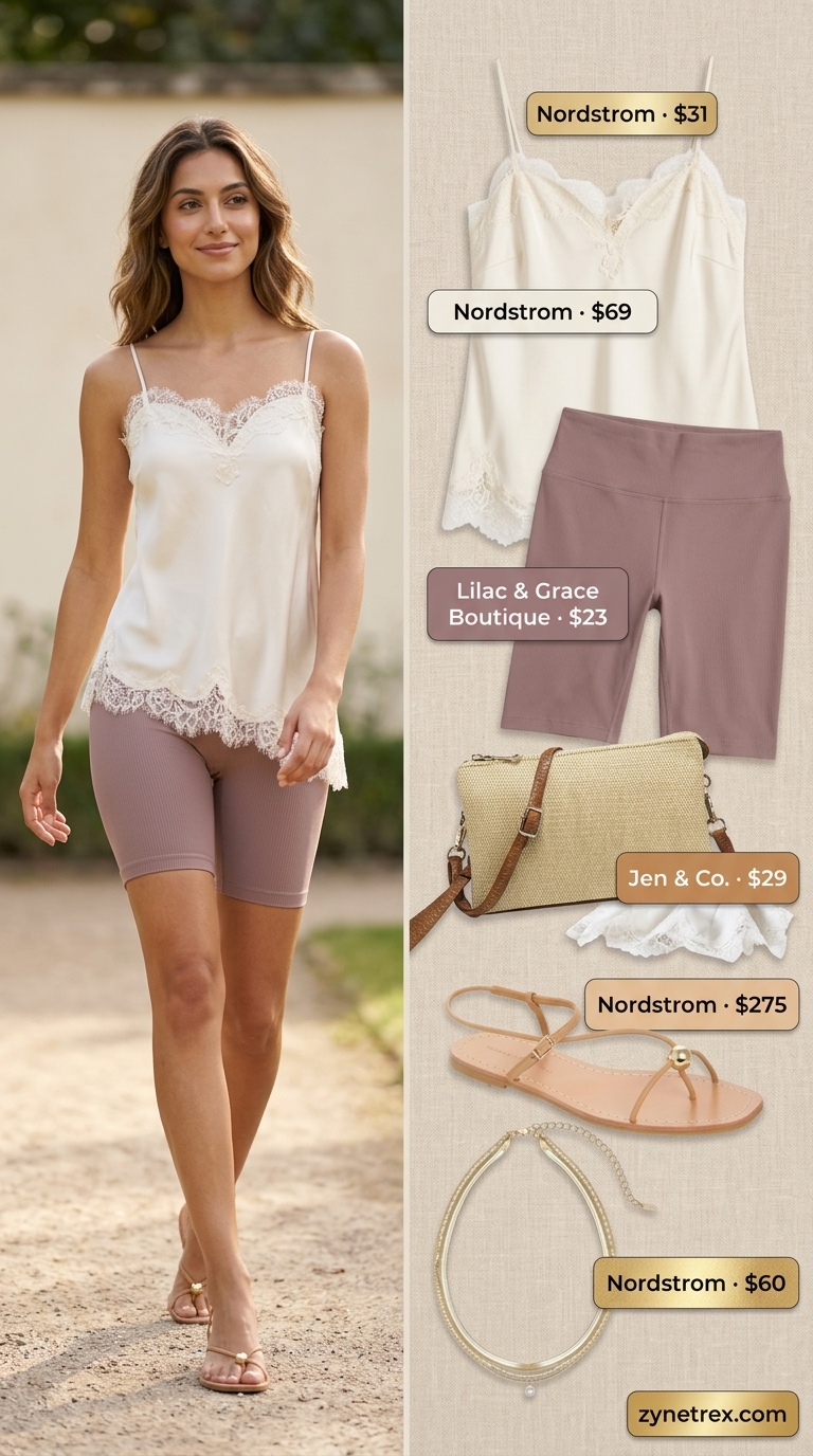 Cute biker shorts outfit for women summer 2026: Dusty rose biker shorts, satin cami, straw bag for sunset picnic.