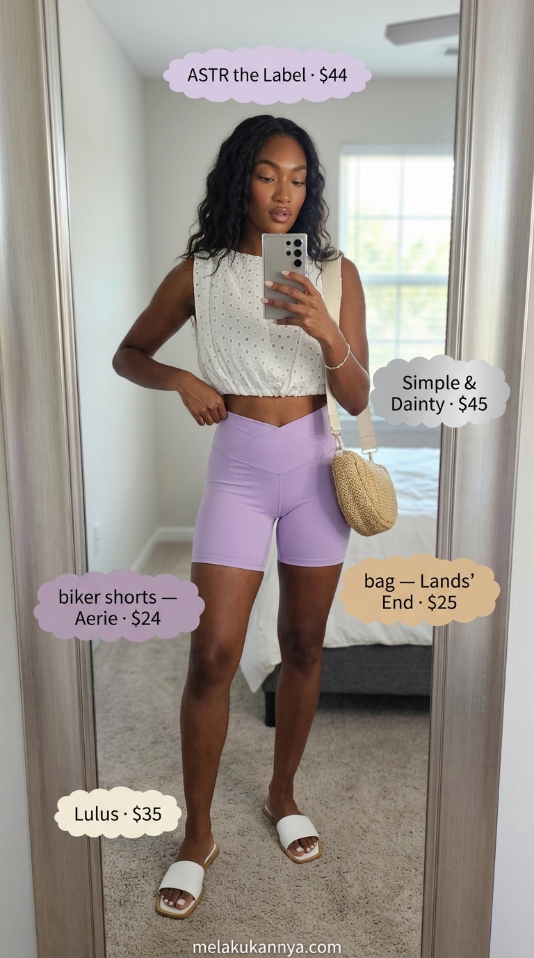 Cute biker shorts outfits for women summer 2026: Lilac biker shorts with white cropped top and straw bag.
