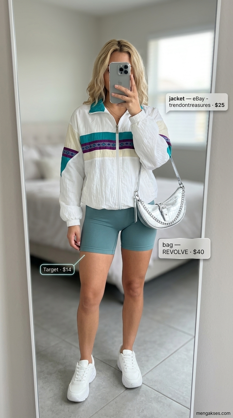 Cute biker shorts outfits for women summer 2026: Sporty chic with muted teal set, white track jacket, and silver accessories.