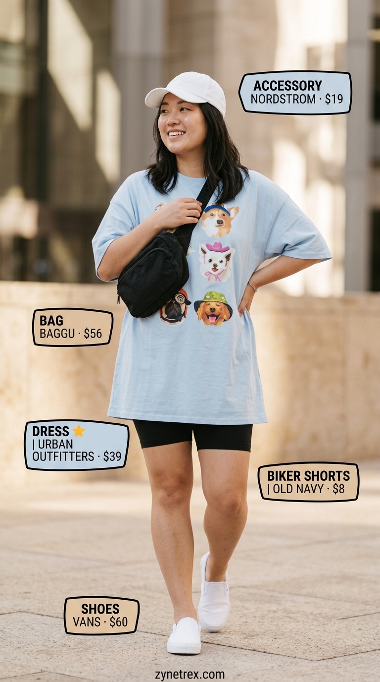 Cute biker shorts outfits for women summer 2026: Sporty spice lite with pastel blue graphic tee dress, biker shorts, and cap.