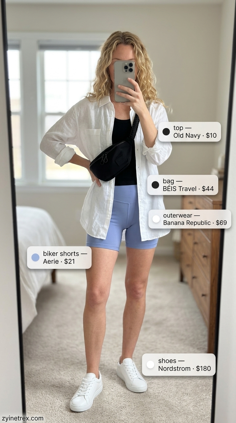 Cute biker shorts outfits for women summer 2026: Sporty spice meets chic with light blue biker shorts, white linen shirt, and sneakers.