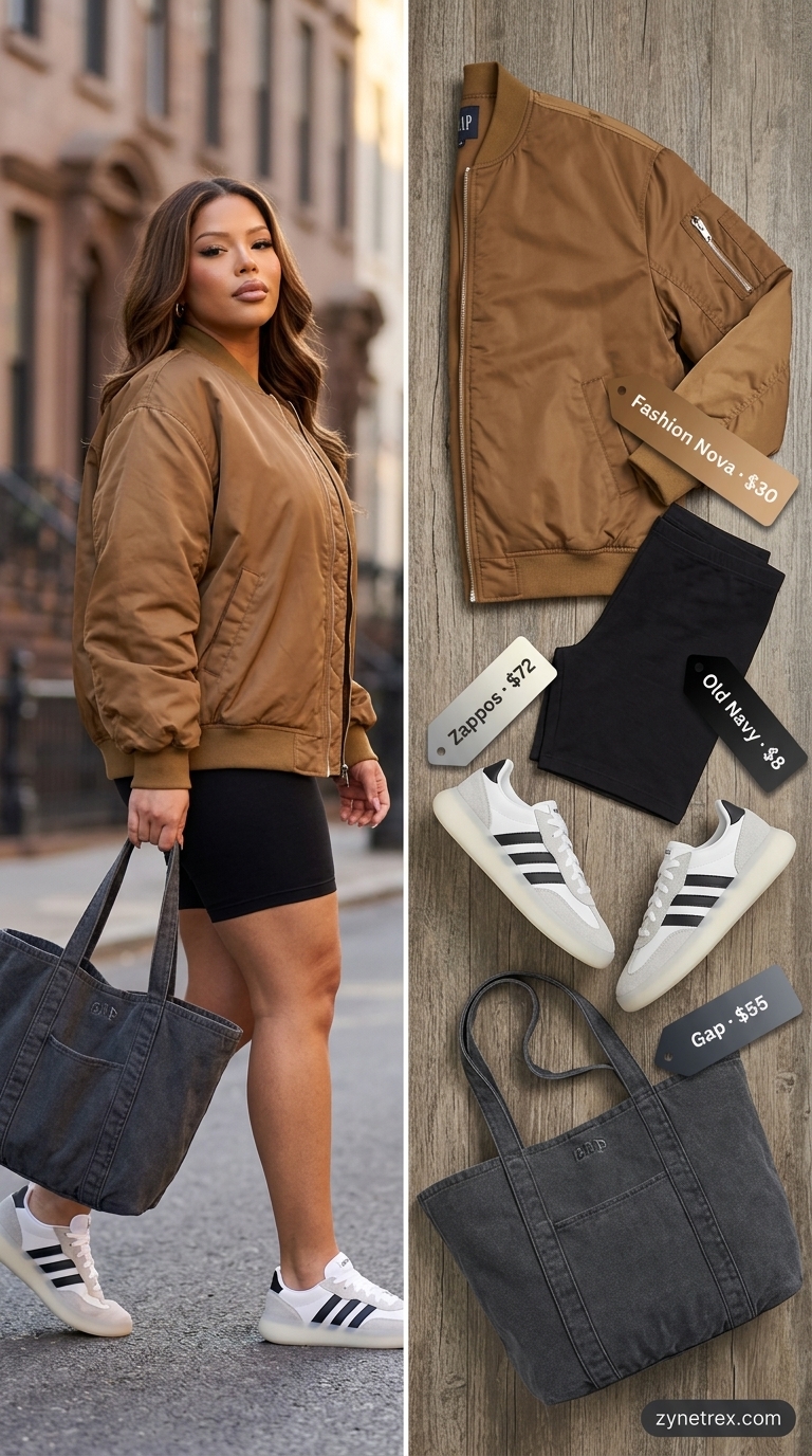 Cute biker shorts outfits for women summer 2026: Sporty street style with olive bomber jacket, graphic tee, and sneakers.