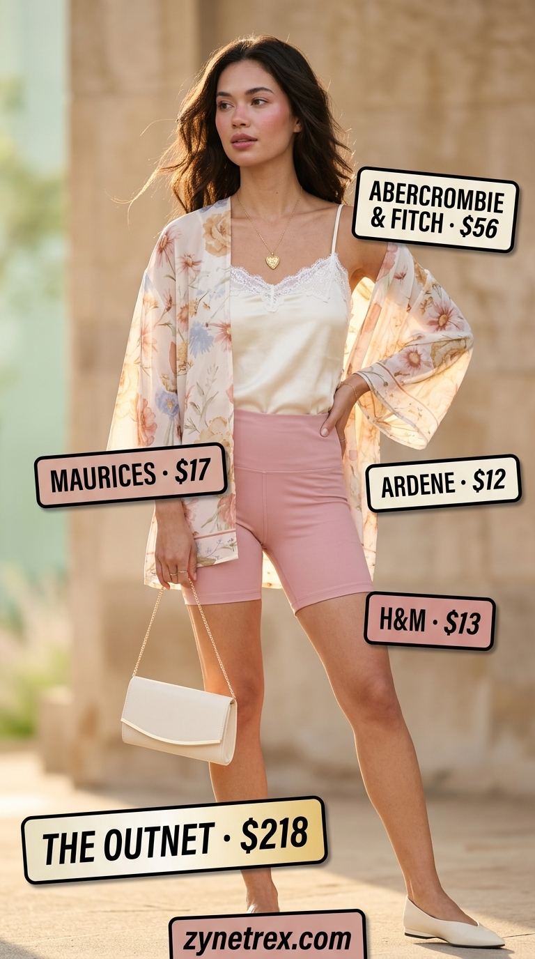 Cute biker shorts outfits for women summer 2026: Sweet summer dream with blush pink biker shorts, floral kimono, and ballet flats.