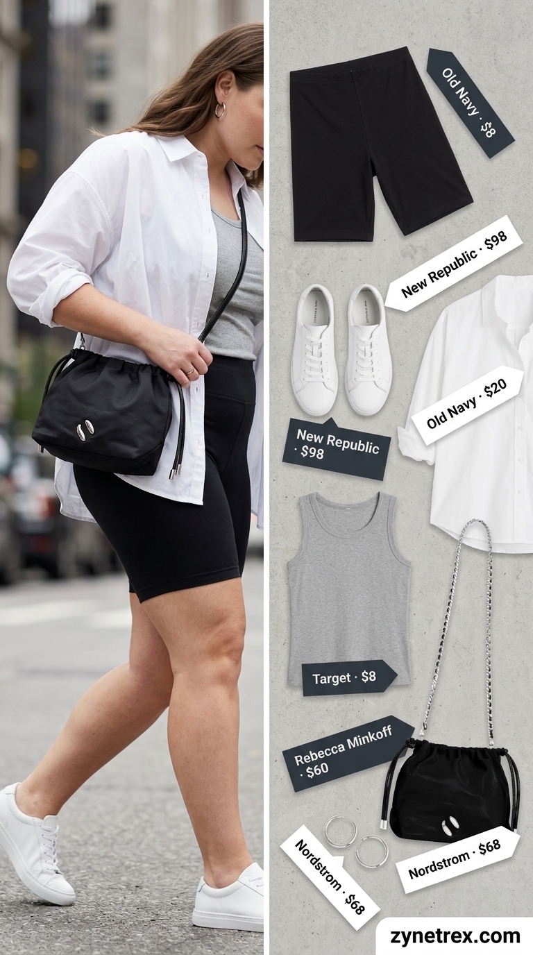 Cute biker shorts outfits for women summer 2026: Urban explorer cool with black biker shorts, oversized white shirt, and sneakers.