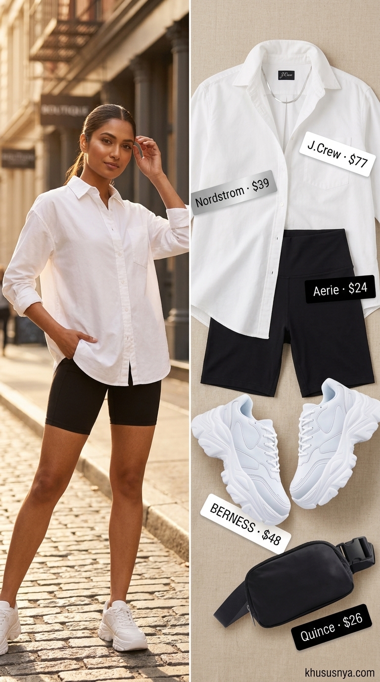 Cute biker shorts outfit for women summer 2026: Black biker shorts, oversized white shirt, chunky sneakers for city exploration.