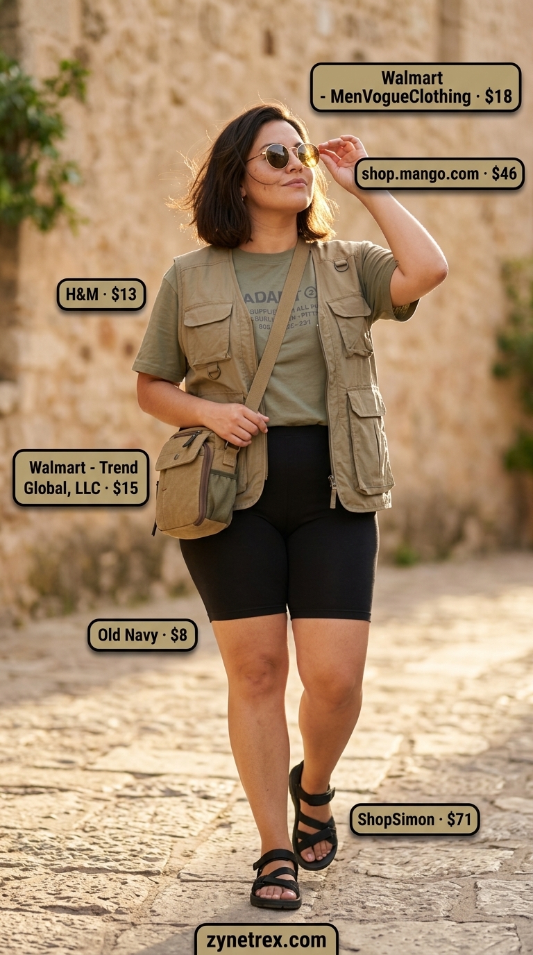 Cute biker shorts outfit for women summer 2026: Olive green vest, graphic tee, black biker shorts for weekend outing.