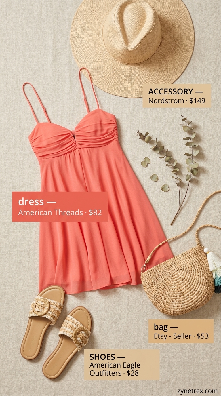 Cute every day summer outfits for women 2026: Coral sundress, straw hat for a vibrant beach day.