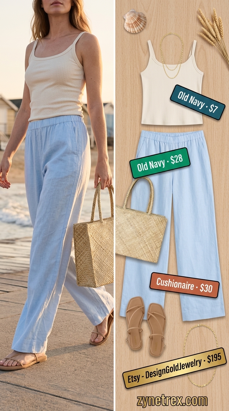 Cute every day summer outfits for women 2026: Sky blue linen pants, cream tank, straw tote for boardwalk.