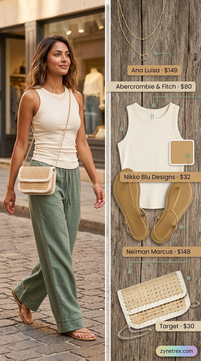 Cute every day summer outfits for women 2026: Sage green pants, cream tank for a relaxed boardwalk stroll.