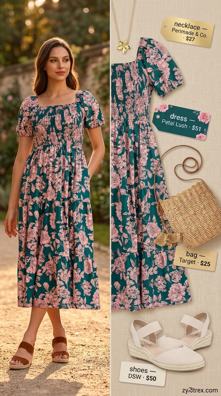Cute every day summer outfits for women 2026: Floral midi dress for sunny café brunch.