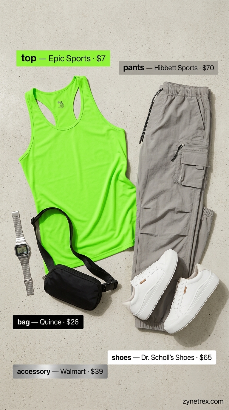 Cute every day summer outfits for women 2026: Cargo pants, neon tank for sporty errands.