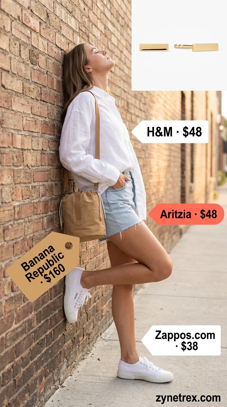 Cute every day summer outfits for women 2026: Denim shorts, white linen shirt for a relaxed farmers market look.