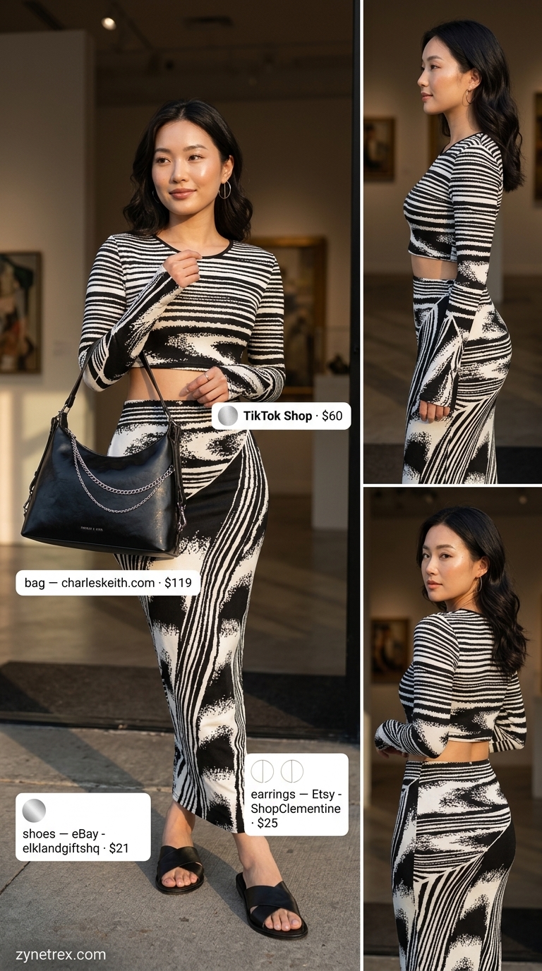 Cute every day summer outfits for women 2026: Black & white abstract print matching set for an artsy gallery hop.