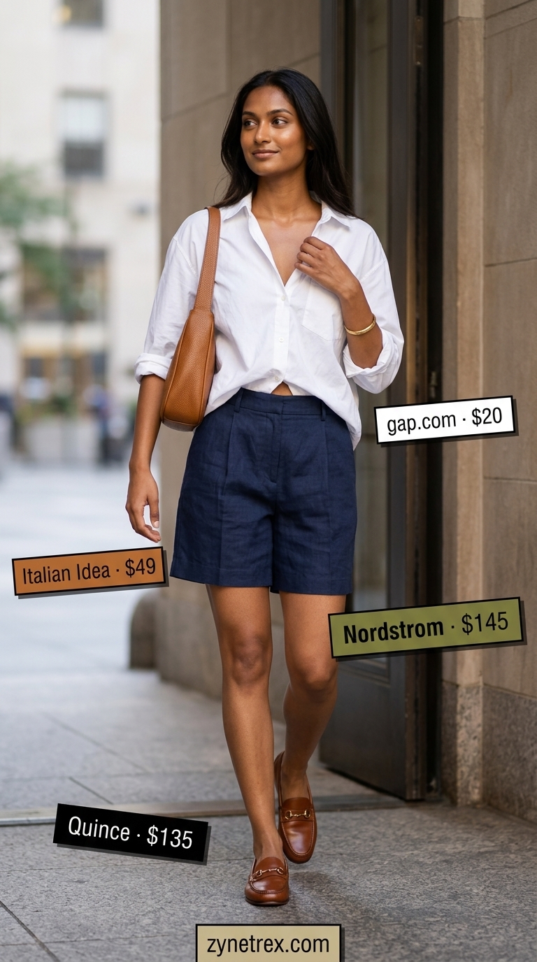 Cute every day summer outfits for women 2026: Navy linen shorts, white button-down, cognac loafers for gallery hopping.