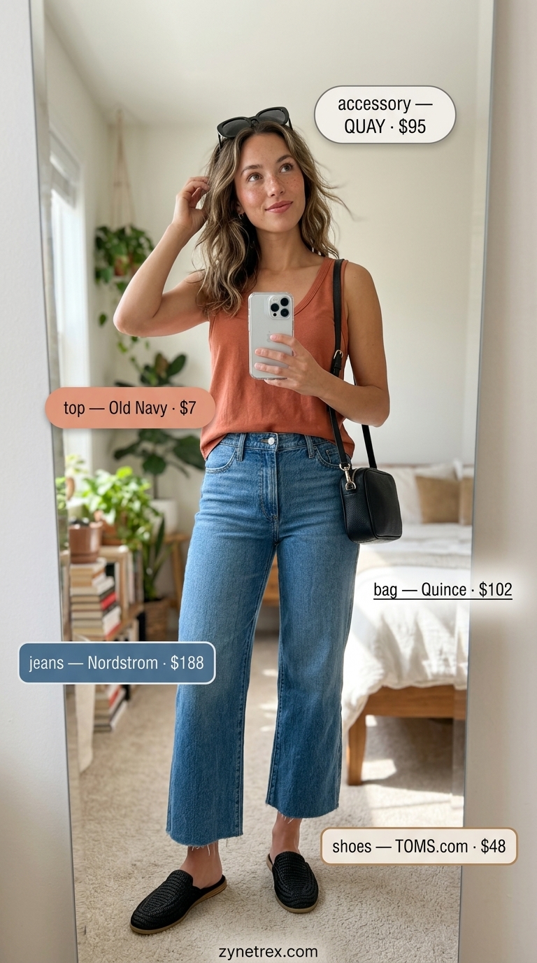 Cute every day summer outfits for women 2026: Wide-leg jeans, linen tank for a cool gallery hopping look.