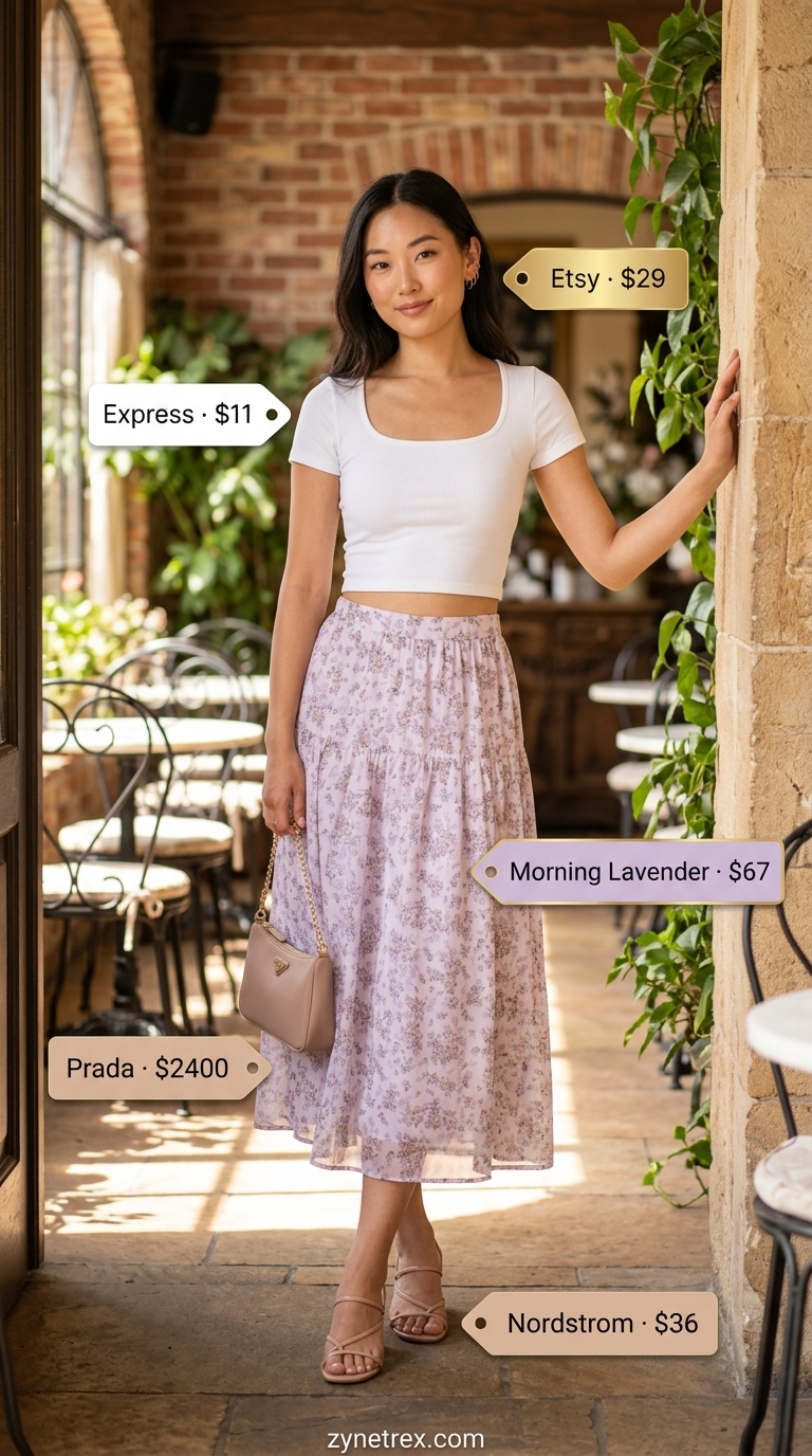 Cute every day summer outfits for women 2026: Lavender floral skirt, white knit top, block heels for cafe.