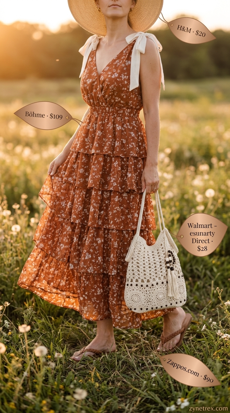 Cute every day summer outfits for women 2026: Terracotta maxi dress for a bohemian golden hour gathering.