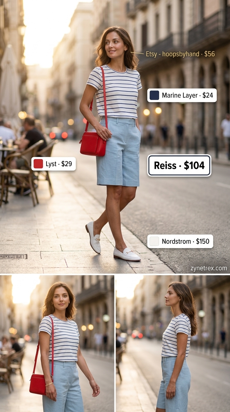 Cute every day summer outfits for women 2026: Navy Bermuda shorts, striped top, loafers for a crisp lakeside lunch.