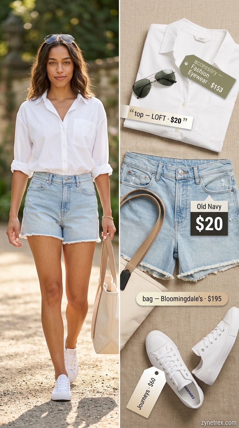 Cute every day summer outfits for women 2026: Denim shorts, white shirt for weekend market explorer.