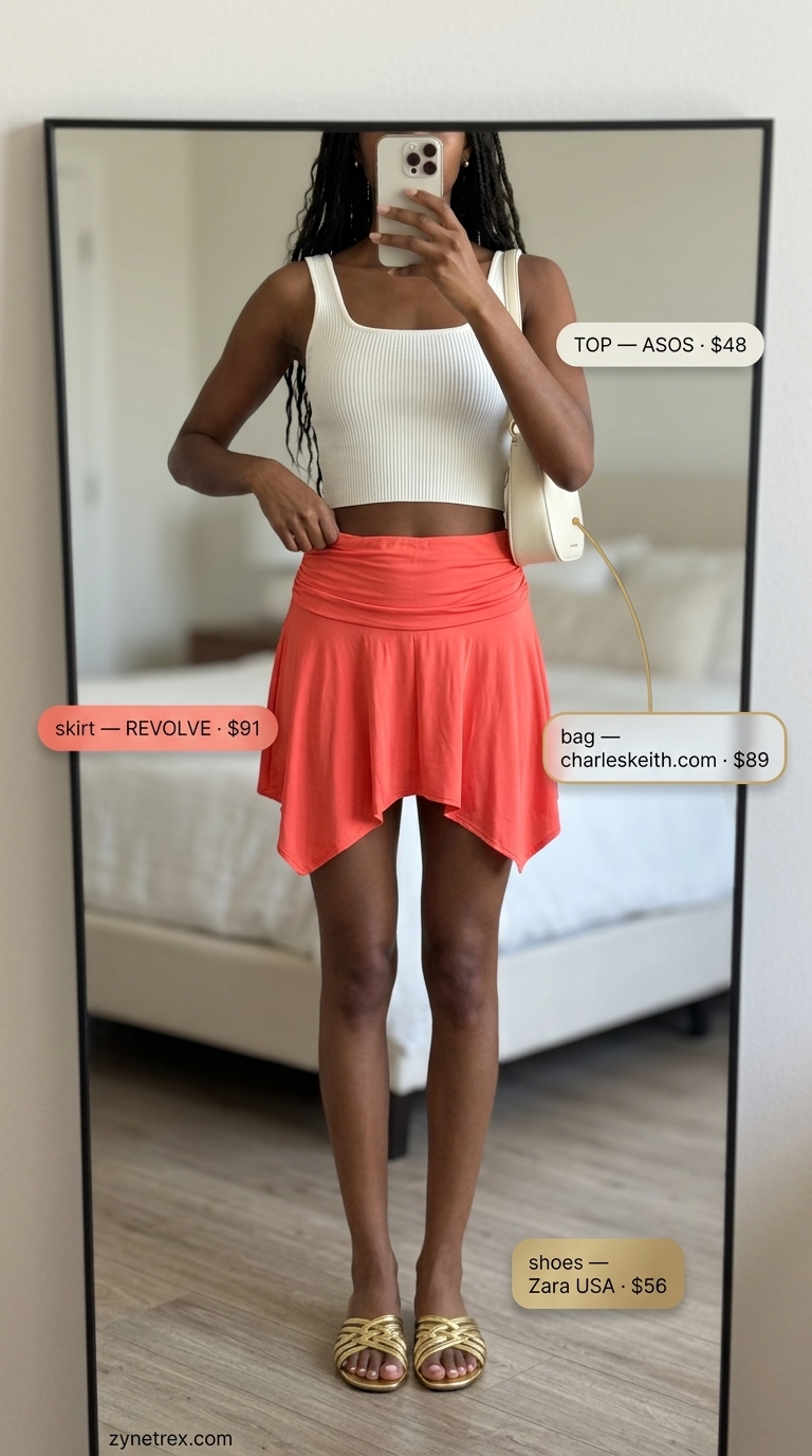 Cute every day summer outfits for women 2026: Coral skirt, off-white crop top for a playful park date.