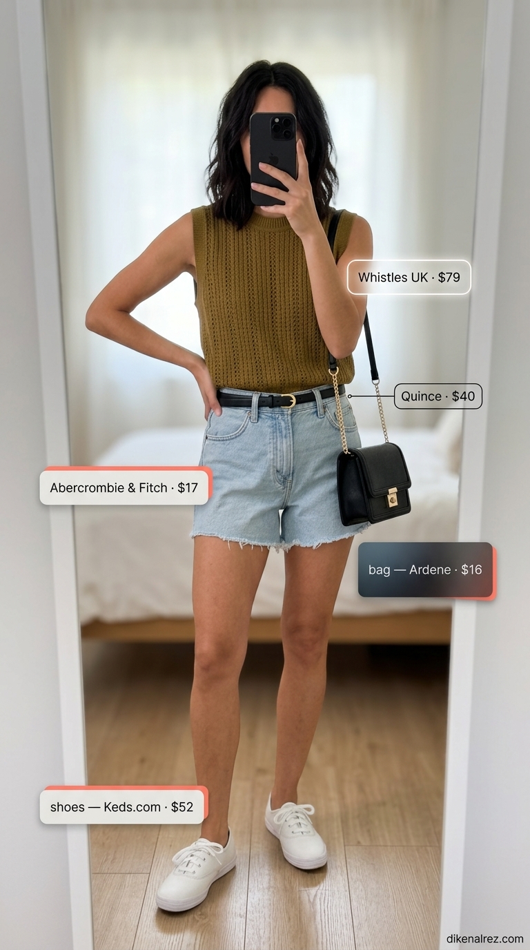 Cute every day summer outfits for women 2026: Khaki shorts, white tee, and knit vest for a city park picnic.