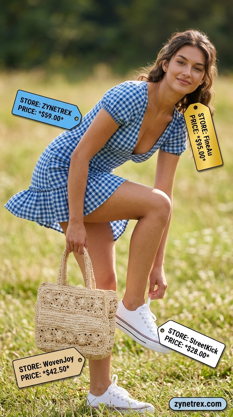 Cute every day summer outfits for women 2026: Blue gingham sundress for a picnic in the park.