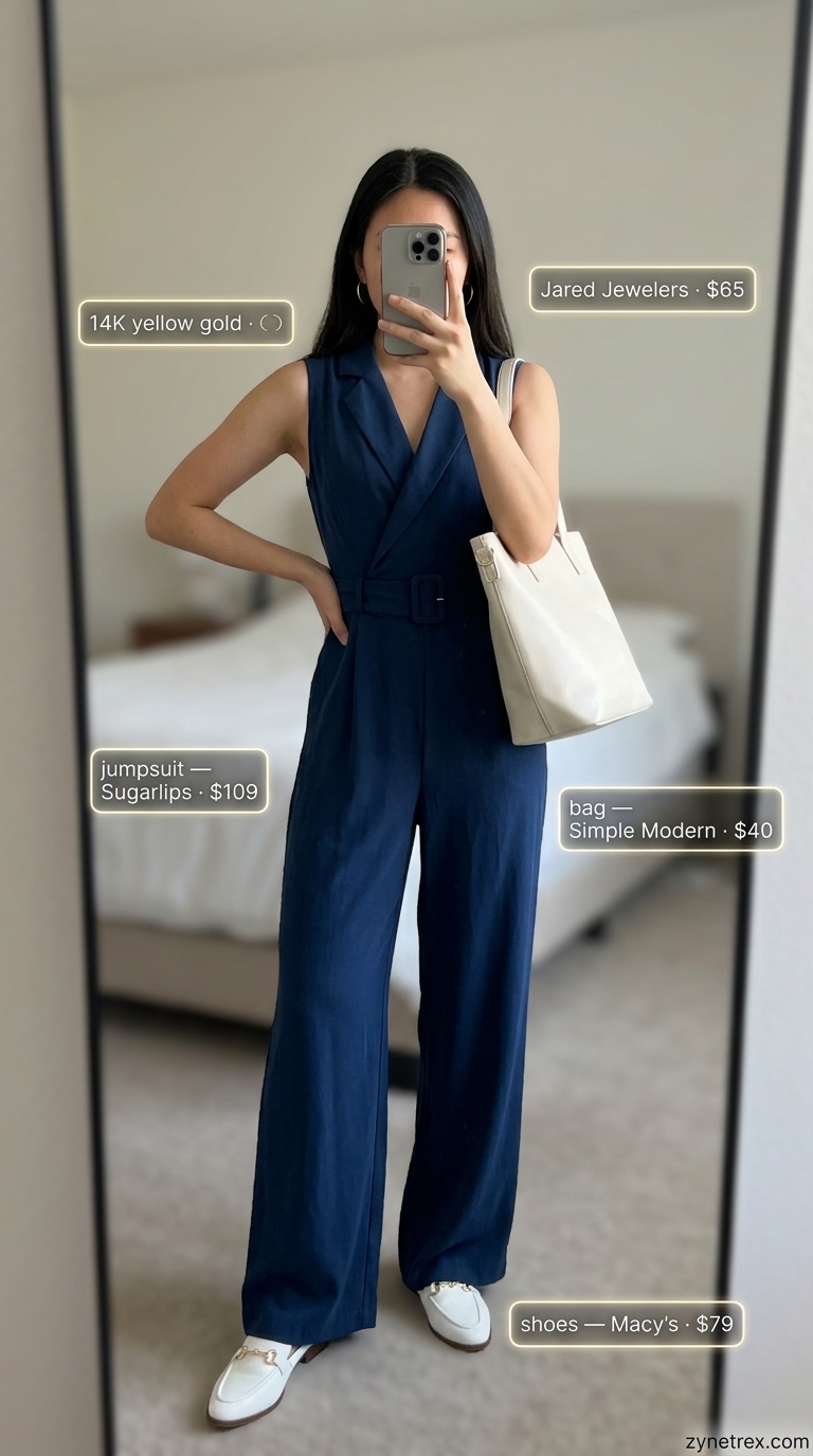 Cute every day summer outfits for women 2026: Navy jumpsuit, ivory tote, mules for a sleek commute.