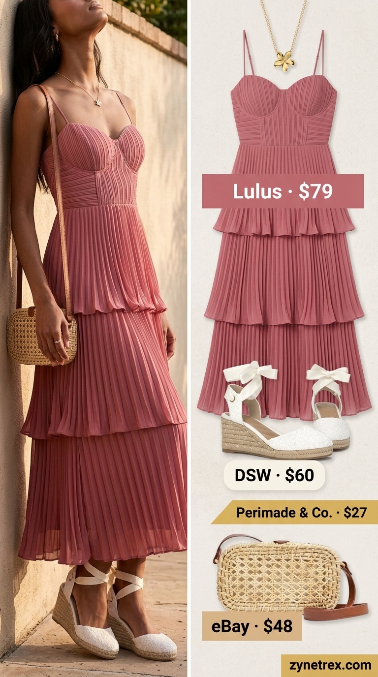 Cute every day summer outfits for women 2026: Peach sundress, espadrilles, wicker bag for brunch.