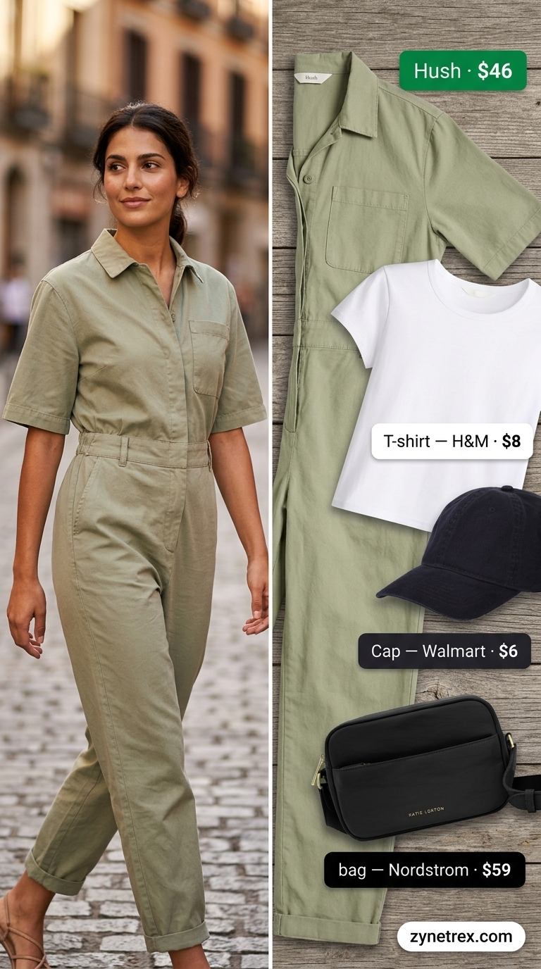 Cute every day summer outfits for women 2026: Khaki utility jumpsuit for urban explorer day.