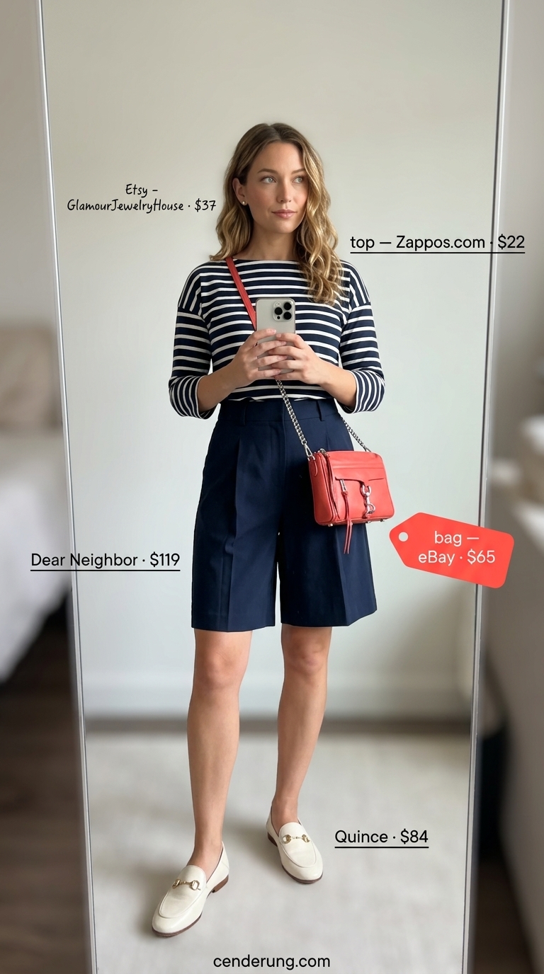 Cute every day summer outfits for women 2026: Navy shorts, striped top, loafers for a polished yacht club lunch.