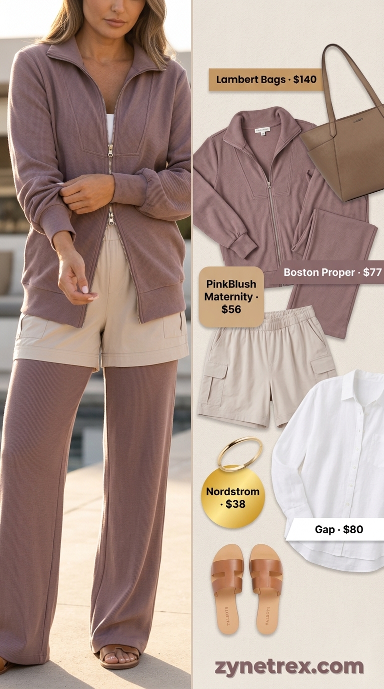 Cute maternity summer outfits for women 2026: White linen shirt, beige shorts, tan slides. Perfect for casual daytime.