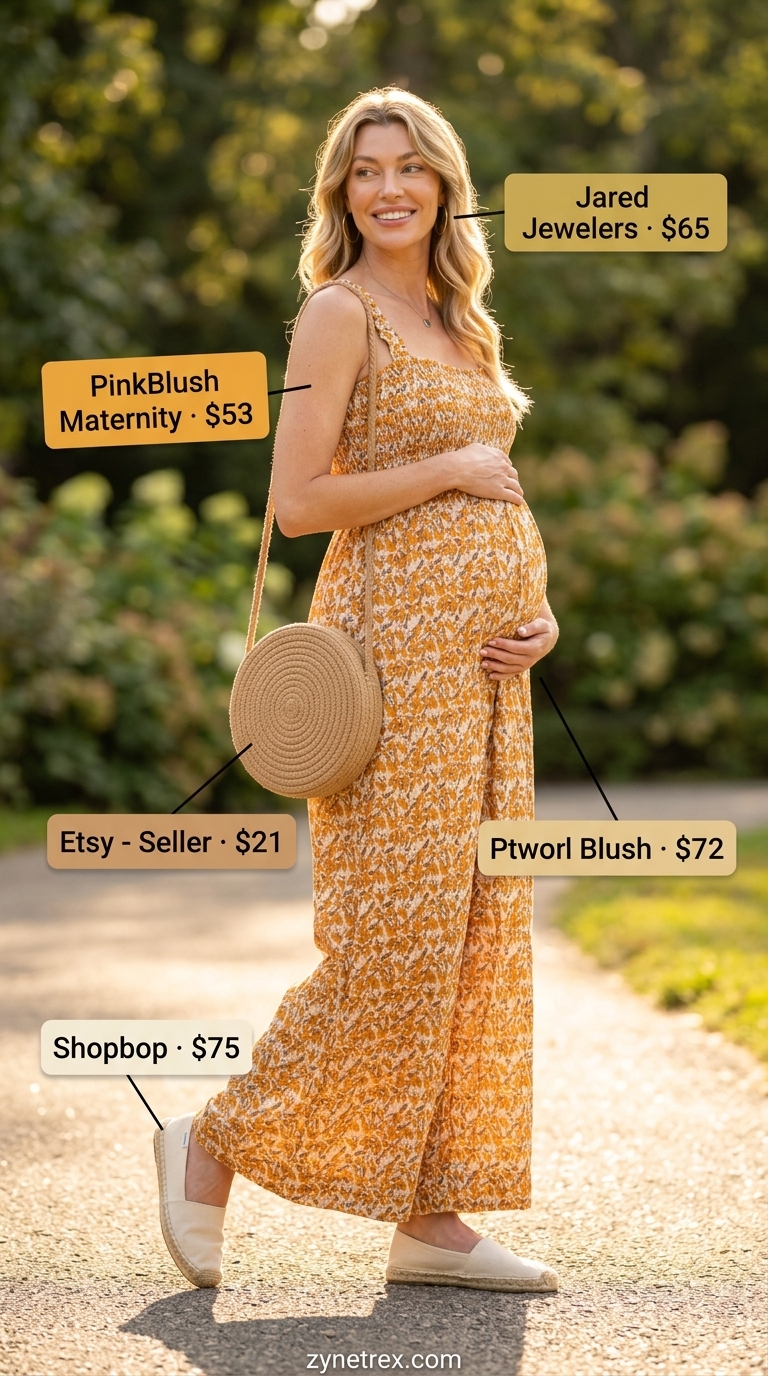 Cute maternity summer outfits for women 2026: Citrus print romper, straw bag, espadrille flats. Fun beach day look.