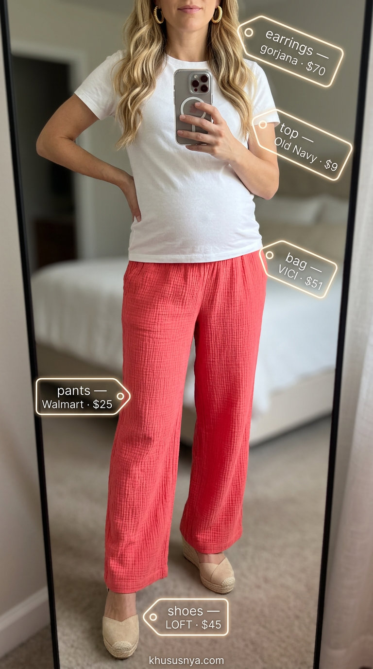 Cute maternity summer outfits for women 2026: Coral wide-leg pants, white tee, espadrilles. Great for summer evenings.