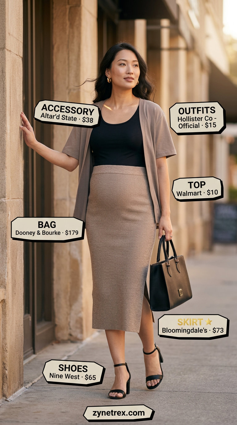 Cute maternity summer outfits for women 2026: Cream pencil skirt, black t-shirt, block heels for smart casual.