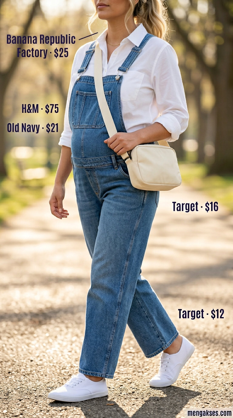 Cute maternity summer outfits for women 2026: Denim overalls, white sneakers, canvas bag. Casual weekend style.