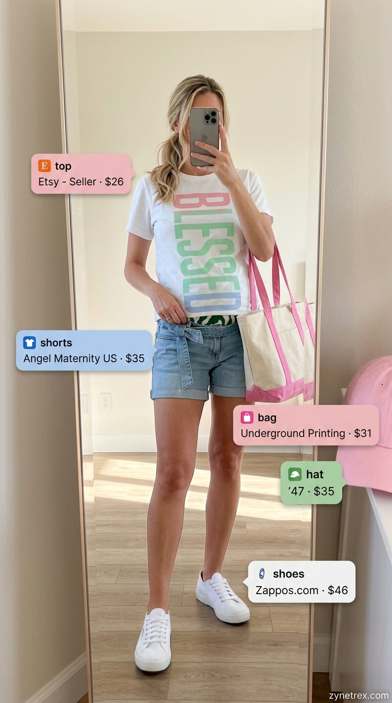 Cute maternity summer outfits for women 2026: Denim shorts, graphic tee, white sneakers for errands.