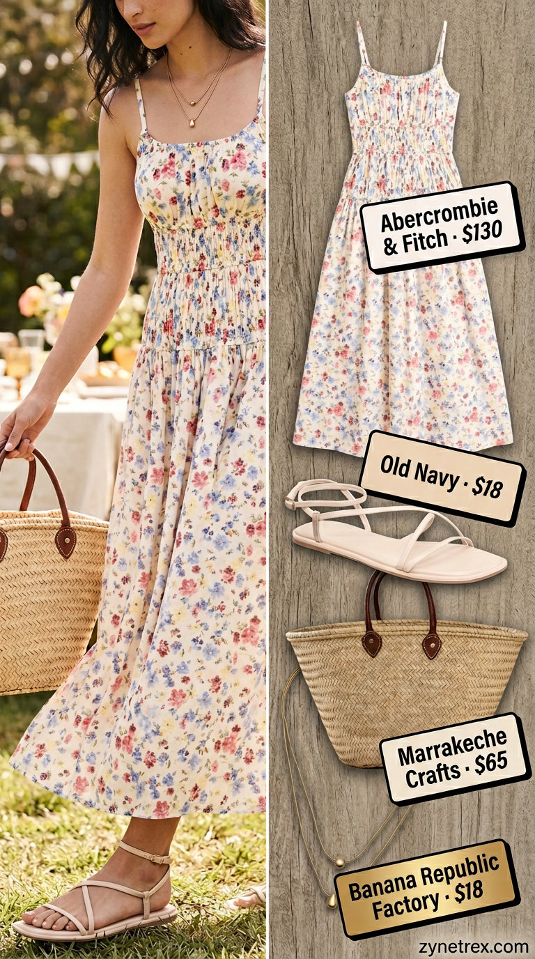 Cute maternity summer outfits for women 2026: Floral maxi dress with straw tote and flat sandals for photoshoots.