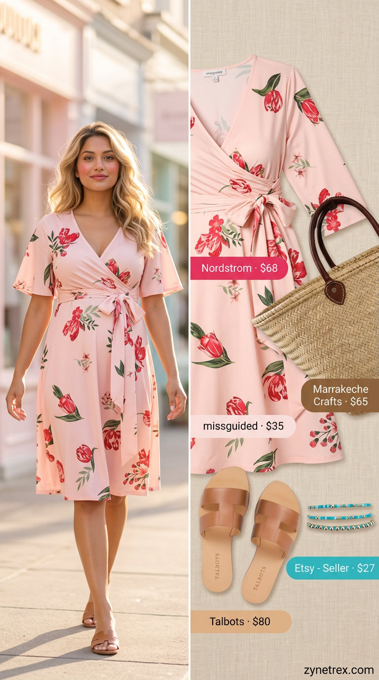 Cute maternity summer outfits for women 2026: Floral midi wrap dress, straw tote, tan slides for a picnic.