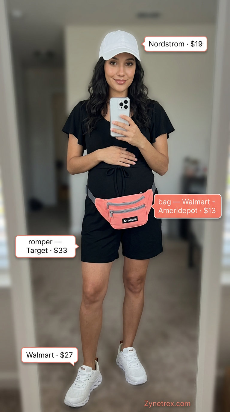 Cute maternity summer outfits for women 2026: Charcoal grey romper, white sneakers, coral belt bag for casual wear.