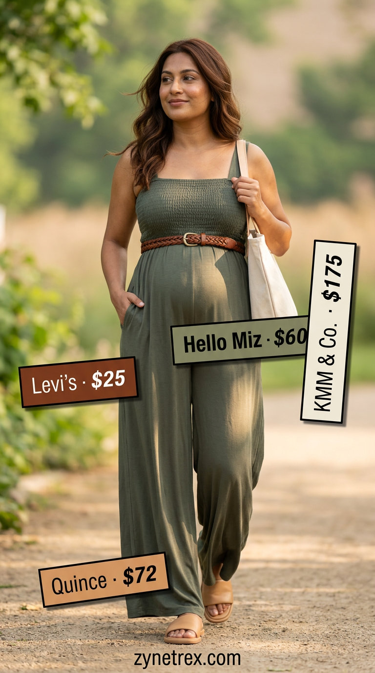 Cute maternity summer outfits for women 2026: Olive green jumpsuit, tan slides, canvas tote. Relaxed weekend style.