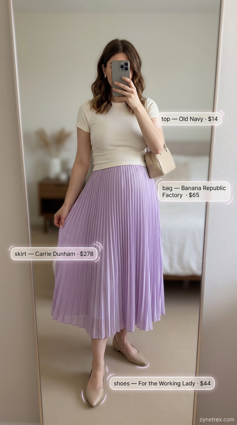 Cute maternity summer outfits for women 2026: Lavender pleated skirt with white tee, ballet flats, and top-handle bag.