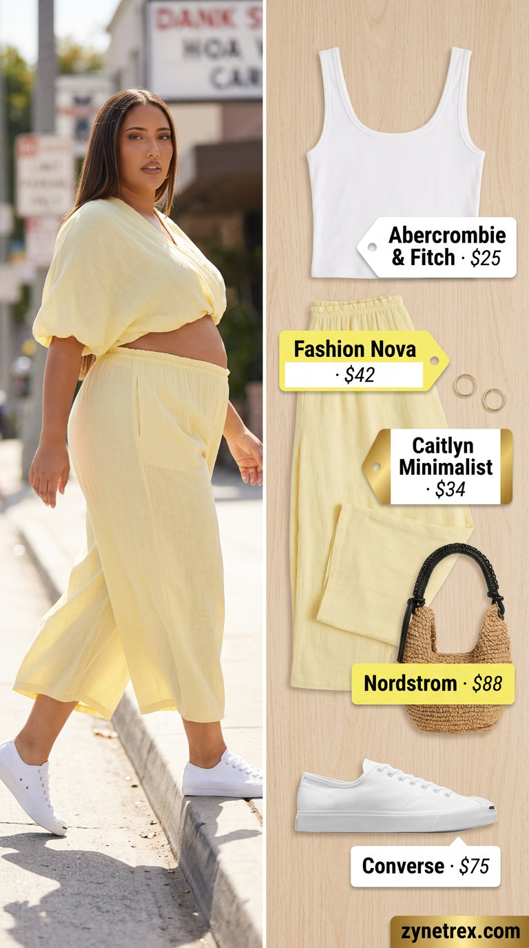 Cute maternity summer outfits for women 2026: Lemon Yellow linen set with white tank, sneakers, and straw bag for baby shower.