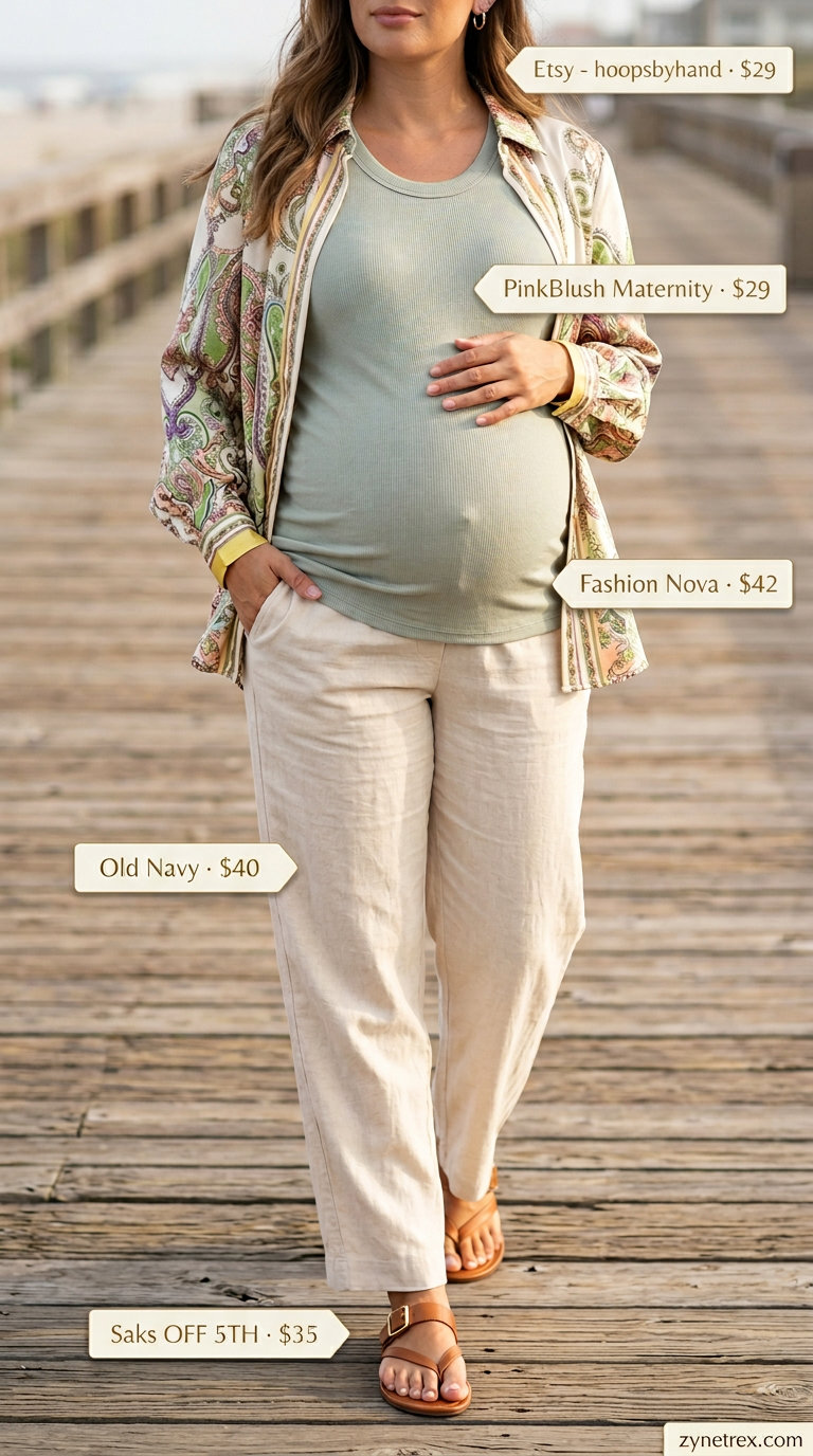 Cute maternity summer outfits for women 2026: Cream linen pants, sage green tank, tan slides. Relaxed beach style.