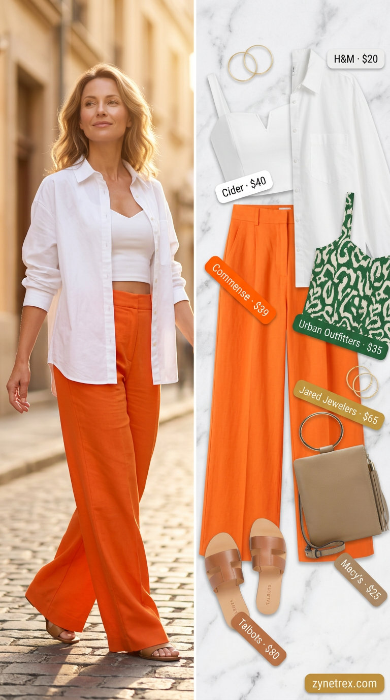 Cute maternity summer outfits for women 2026: Orange linen pants with white button-down, tan sandals, and crossbody bag.