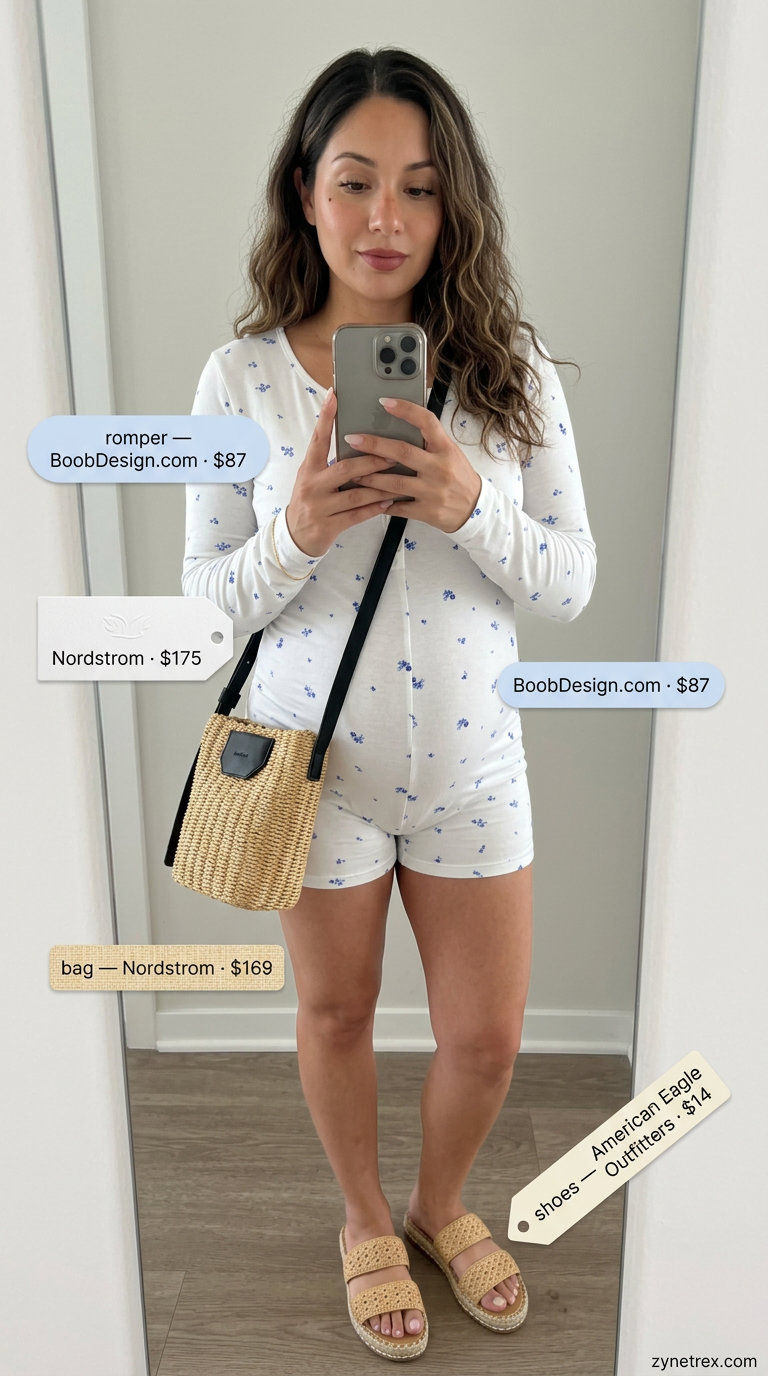 Cute maternity summer outfits for women 2026: Pink floral romper, tan espadrilles, straw crossbody for vacation.