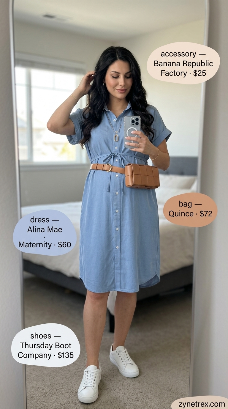Cute maternity summer outfits for women 2026: Chambray shirt dress, white sneakers, tan belt bag. Effortless day look.