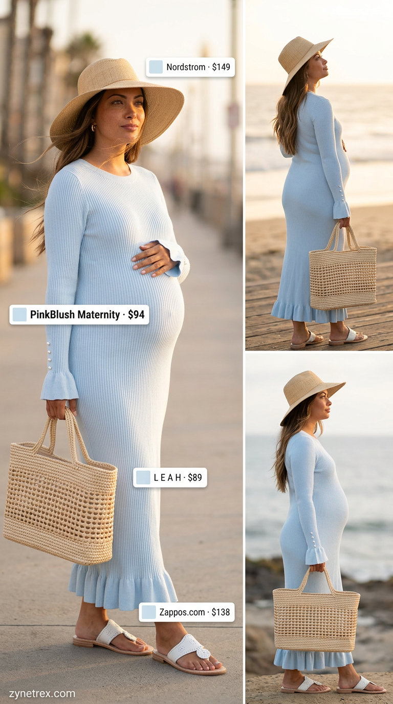 Cute maternity summer outfits for women 2026: Sky blue maxi dress, straw hat, white sandals for beach vacation.
