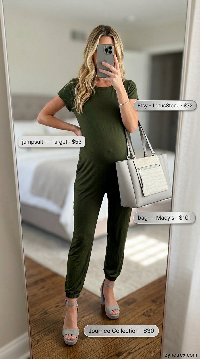 Cute maternity summer outfits for women 2026: Blush pink utility jumpsuit, grey block heels, silver cuff. Polished day look.