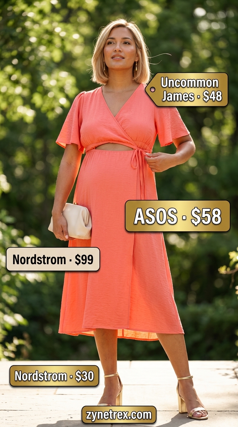 Cute maternity summer outfits for women 2026: Coral wrap dress, gold heels, clutch. Elegant for special occasions.